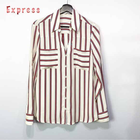 Express Tops - Express- Red and Blue Pin stripe Button Up Portofino Shirt M